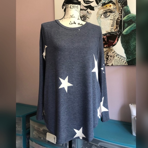Soft Blue/White Star Print Tunic Long Sleeve Top - Picture 5 of 7